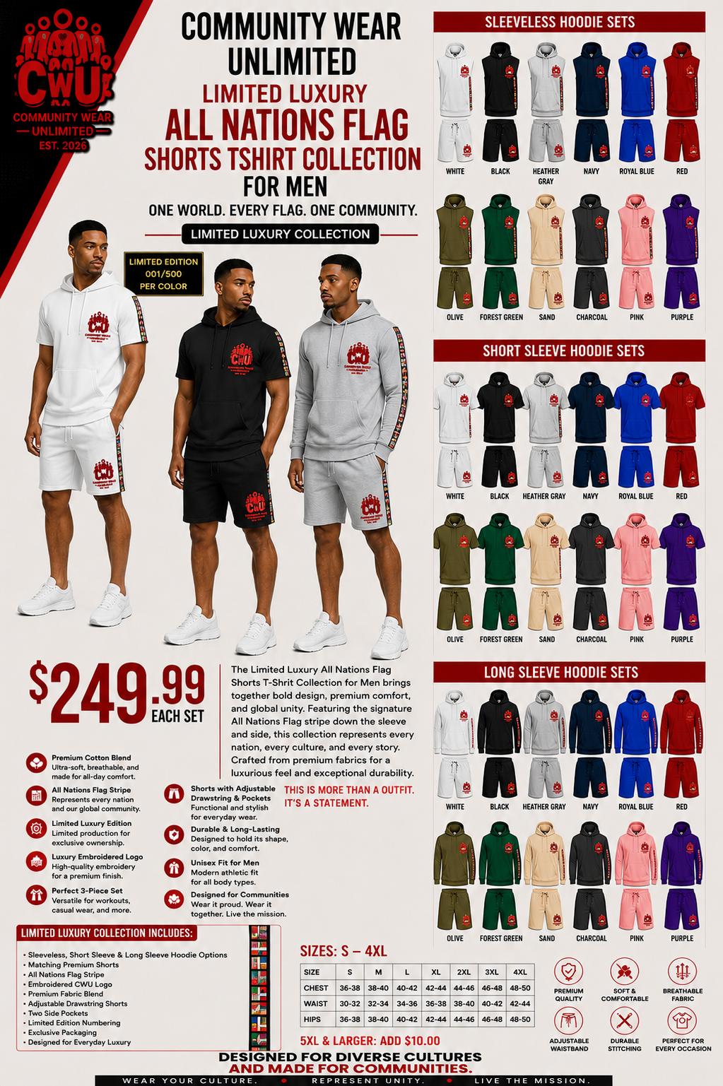 Community Wear Unlimited luxury all nations flag shorts and t shirt combo for men